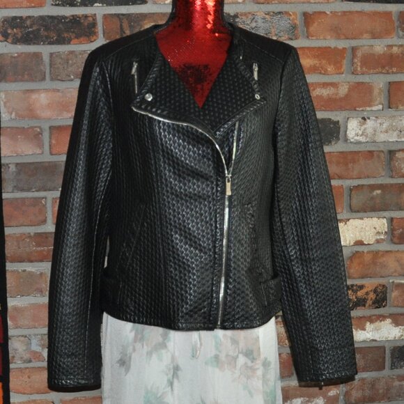 Karl Lagerfeld Paris Woven Texture Black Faux Leather Motorcycle Moto Jacket L - Picture 4 of 10